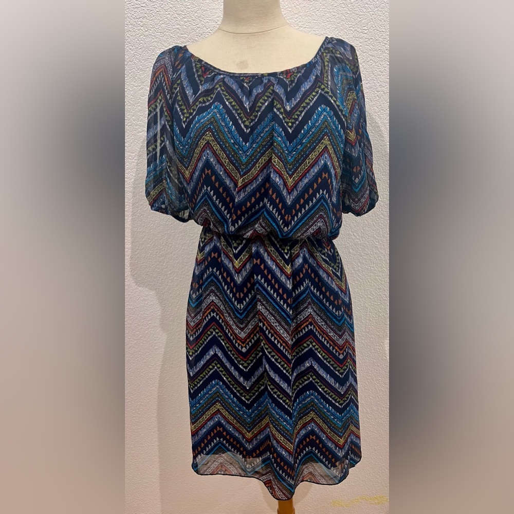 Enfocus Studio Size 4 Blue/Multicolor Short Slit Sleeve Lined Dress.
